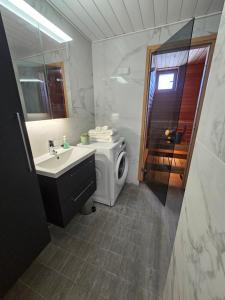 La salle de bains est pourvue d'un lavabo et d'un lave-linge. dans l'établissement CityStation 59m2 Top Floor Sauna Apartment, WiFi, à Lahti