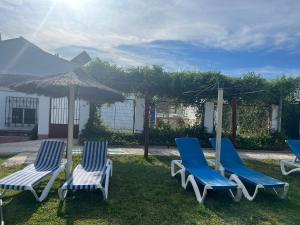 a group of chairs and an umbrella in the grass at Casa Rural Asiento del Río in Pruna