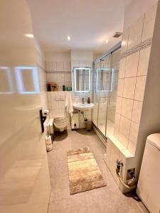 ein Bad mit einem WC, einem Waschbecken und einer Dusche in der Unterkunft 2-Zimmer Wohnung in Bremen-Vahr in Bremen