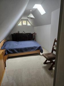 Fredenにある7 Berge Aussicht Sport Saunaのベッドルーム1室(ベッド1台、屋根裏部屋の椅子付)