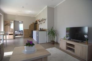 a living room with a large flat screen tv at Ezera Pērle in Ķeipene