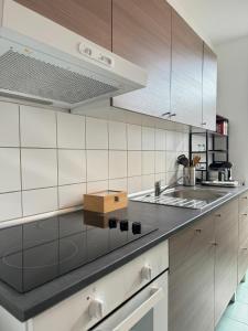 uma cozinha com armários brancos e um balcão preto em Stylisches Appartement im Jugendstil-Viertel em Chemnitz