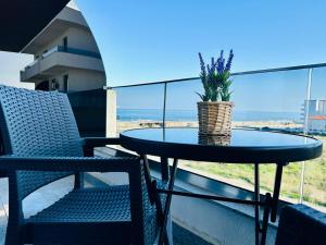 a table and chairs on a balcony with a plant at Promenada Apartments in Năvodari