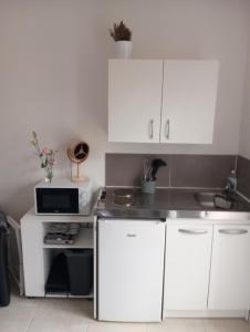 a kitchen with white cabinets and a microwave at Studio de 14m2 dans une maison in Cagnes-sur-Mer