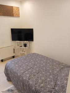 a bedroom with a bed and a flat screen tv at Studio de 14m2 dans une maison in Cagnes-sur-Mer