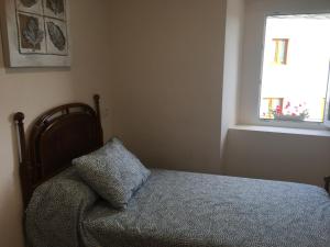 a bedroom with a bed with a pillow and a window at La casa de Manuel en Ortigueira in A Coruña