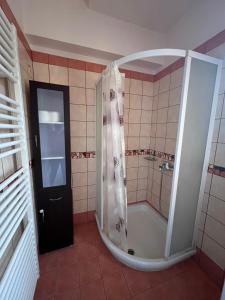 baño con bañera y ducha con puerta en KAZARMA Luxury House, en Pilikáta
