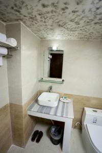 a bathroom with a sink and a mirror and a toilet at D'more Sreemangal Hotel & Resort in Sreemangal