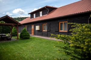 une maison avec une cour d'herbe devant elle dans l'établissement Pensjonat Kaja, à Rymanów-Zdrój