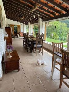 einem Hund, der in einem Esszimmer auf dem Boden liegt in der Unterkunft Sítio Vale da Colina-Nazaré Paulista - 8 pessoas in Nazaré Paulista