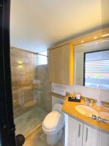 a bathroom with a toilet and a shower and a sink at Apartamento en Pereira in Pereira