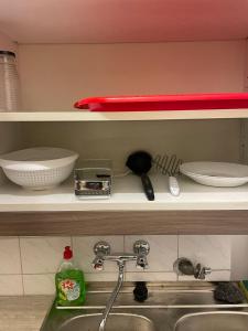 a kitchen sink with plates and utensils on a shelf at OLD KRAKOV in Krakow