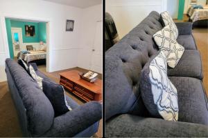 two pictures of a living room with a blue couch at Yonkers Luxury Studio in Yonkers