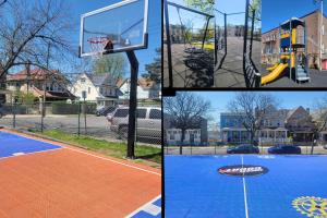 un collage de quatre photos d'un panier de basket-ball dans l'établissement Yonkers Luxury Studio, à Yonkers