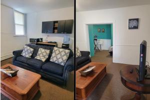 two pictures of a living room with a couch and a table at Yonkers Luxury Studio in Yonkers