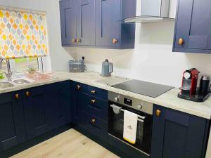 a kitchen with blue cabinets and a stove top oven at Modern 2 bedroom accommodation on 1 ground floor level in Deep Lake