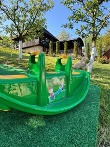 a green inflatable boat on the grass at Pensiunea Boculeț Gura Humorului in Gura Humorului