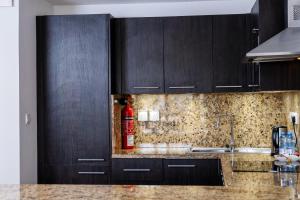 a kitchen with black cabinets and a fire extinguisher at Wateera Hawana Salalah in Salalah