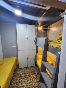 Pokój z łóżkiem piętrowym z 2 łóżkami i szafkami w obiekcie Sinhassan dormitory hostel Juhu w Bombaju