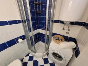 a bathroom with a shower and a washing machine at Vista Porto Apartment in Mali Lošinj +11 photos