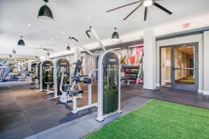 a gym with rows of tread machines and a green rug at Mountain View 1br w spa lounge wd nr shops SFO-1415 in Los Altos