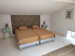 um quarto com uma cama com duas almofadas em Charmante maison de village Proche d'Uzès em La Bruguière