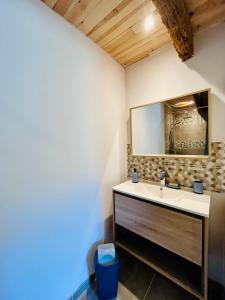 uma casa de banho com um lavatório e um espelho em Le domaine des Oliviers ALES Piscine Jacuzzi Sauna em Alès