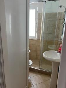 a bathroom with a shower and a toilet and a sink at Arber apartments Zeqiraj in Shëngjin