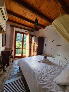 a bedroom with a large bed in a room with a window at Spitia Katoi in Palaiochora