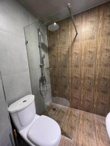 ein Bad mit einem WC und einer Dusche in der Unterkunft Apple Hotel 小苹果酒店 FREE Airport Service in Taschkent