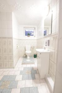 biała łazienka z toaletą i umywalką w obiekcie Sobieszewska Ostoja w mieście Orlinki