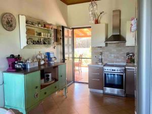a kitchen with green cabinets and a stove at Villa tonia in Epáno Kopanáki