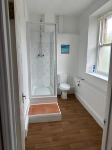 La salle de bains blanche est pourvue d'une douche et de toilettes. dans l'établissement The Coldstreamer, à Gulval
