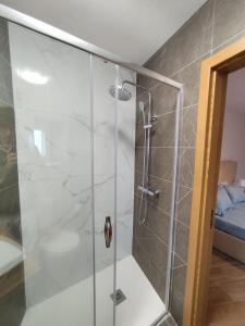 y baño con ducha y puerta de cristal. en Casa do Canastro en Mondim de Basto