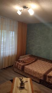 een slaapkamer met een bed, een tafel en een raam bij Apartament Ștefania in Orşova