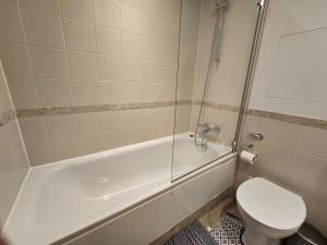 a bathroom with a toilet and a tub and a sink at Apartment Near British Parliament in London
