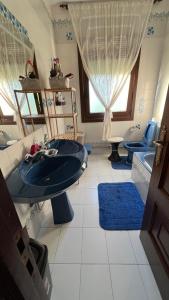 baño con lavabo azul y 2 aseos en Casa Camino do Eume, en A Coruña