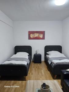 two beds in a living room with a picture on the wall at M&L Wohnen 2 in Essen
