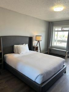 een slaapkamer met een groot bed en een raam bij Parkside Inn in Grande Prairie
