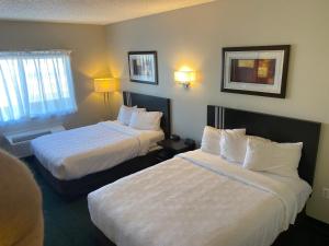 Habitación de hotel con 2 camas con sábanas blancas en FairBridge Inn Express Tukwila, en Tukwila