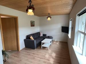 a living room with a couch and a table at Black Valley apartment in Þóroddsstaðir