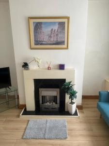 Cosy Widnes Home في ويدنز: غرفة معيشة مع موقد وأريكة زرقاء