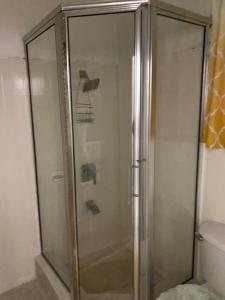 een douche met een glazen deur in de badkamer bij Beautiful Vacation Home in Ocho Rios