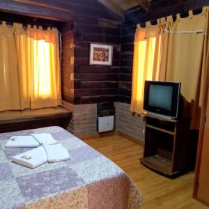 1 dormitorio con 1 cama y TV. en Cabañas Legado Alemán en Villa General Belgrano