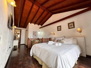 a bedroom with a large bed with white sheets at Villa Delfines in Agulo