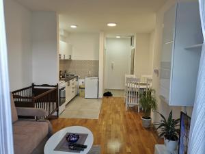 Una sala de estar con un sofá y una cocina. en Lada, en Pasuljište