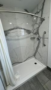 a bathroom with a shower with a marble wall at Hitching Post Studios Inn in Santa Cruz