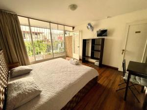 ein Schlafzimmer mit einem Bett und einem großen Fenster in der Unterkunft Costa Rica Guesthouse in San José