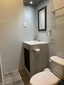 a bathroom with a white toilet and a sink at Residencial Edzna in Campeche