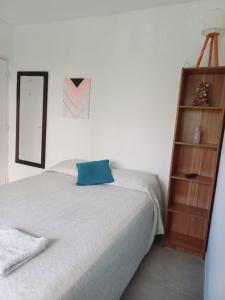 um quarto com uma cama e uma estante de livros em Hermoso monoambiente en ciudad de Mendoza. em Mendoza